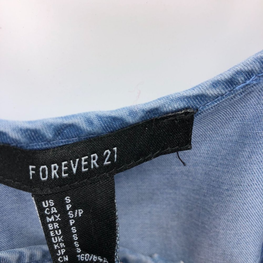 Forever 21 Small Mini Sundress Dress Ruffle Button Front Chambray Blue - Picture 7 of 15